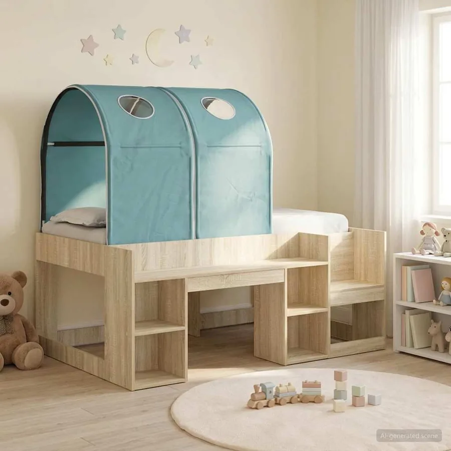 Lit avec Tunnel avec étagère 3 pc Chêne Sonoma et bleu clair