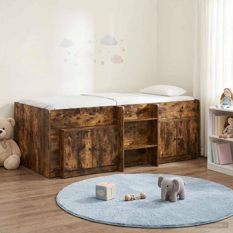 Cadre de lit en loft avec armoire avec porte 3 pcs Chêne fumé