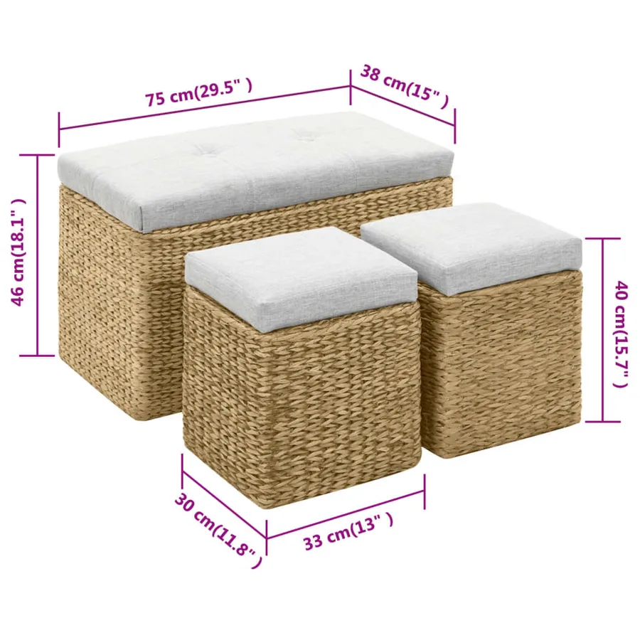 Banc avec 2 poufs Jacinthe d'eau Gris - 15