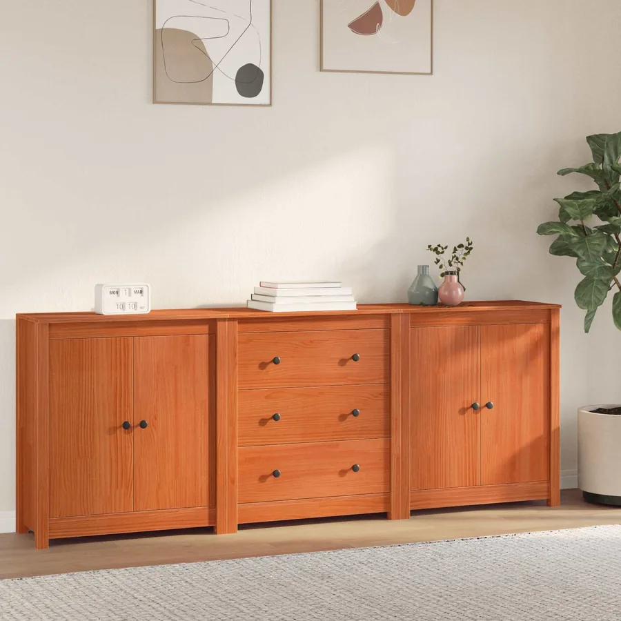 Buffet avec tiroir 3 pcs Brun Ciré Pin massif