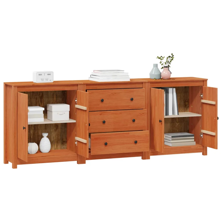 Buffet avec tiroir 3 pcs Brun Ciré Pin massif - 3