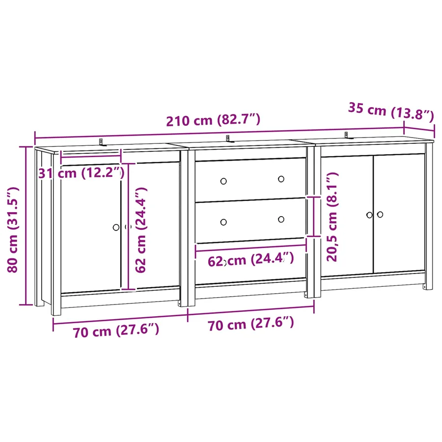 Buffet avec tiroir 3 pcs Brun Ciré Pin massif - 6