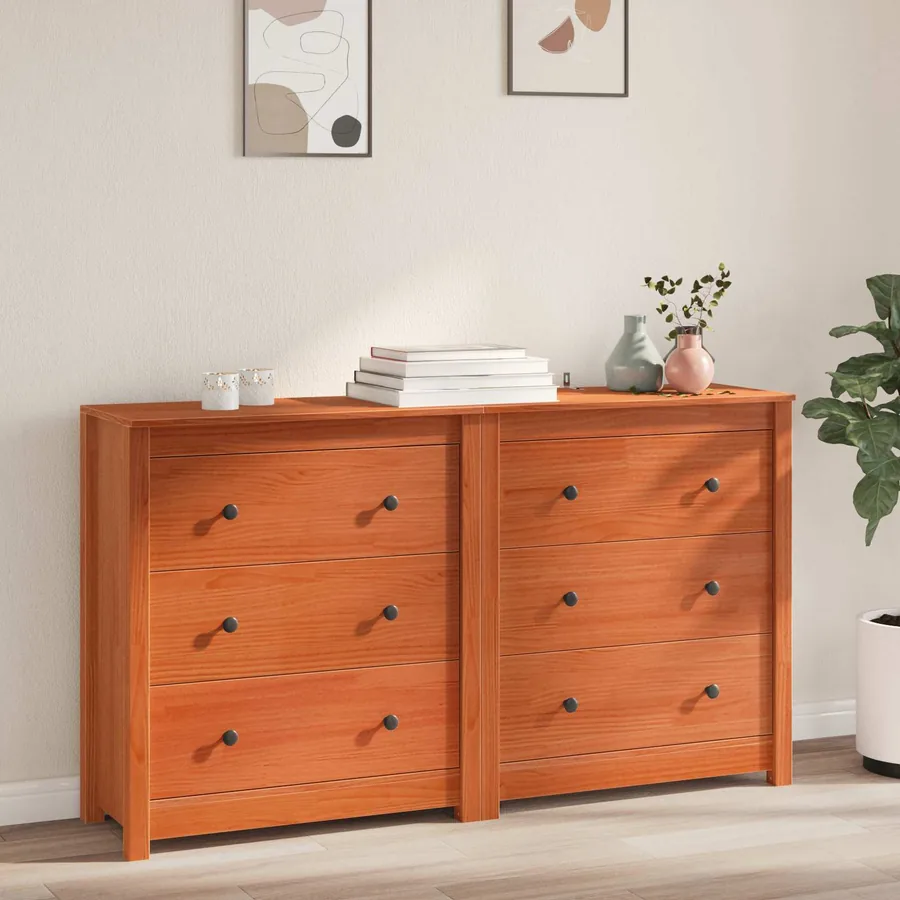 Buffet avec tiroir 2 pcs Brun Ciré 140 x 35 x 80 cm Pin massif