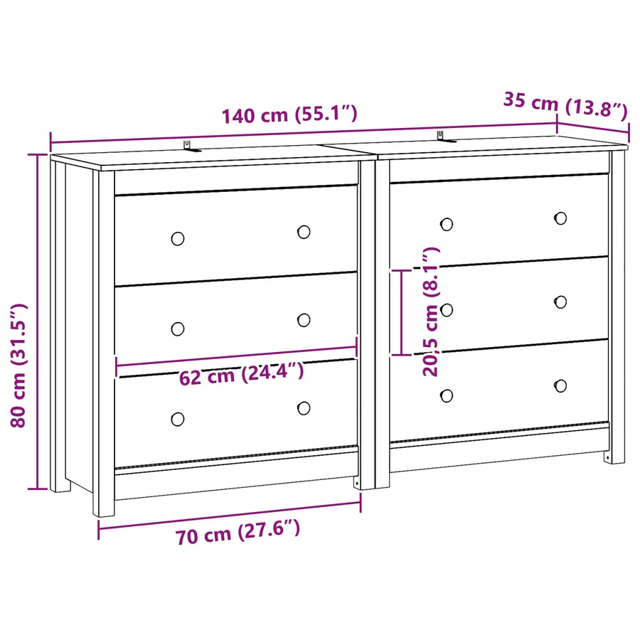 Buffet avec tiroir 2 pcs Brun Ciré 140 x 35 x 80 cm Pin massif - 6