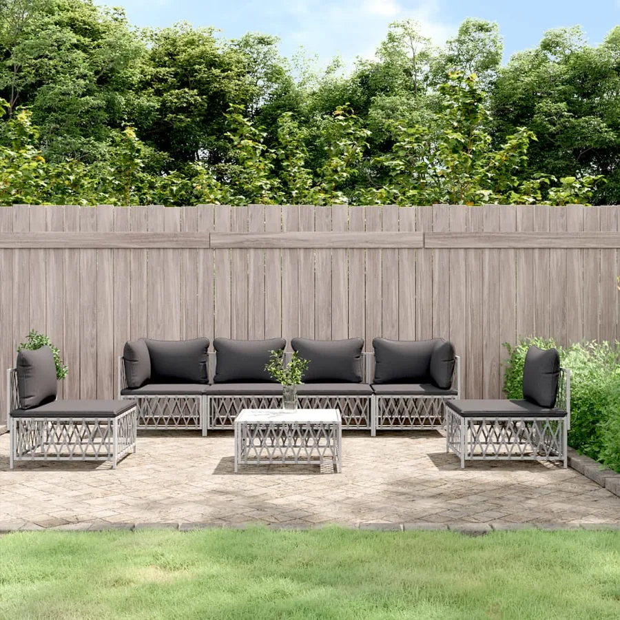 Salon de jardin 7 pcs avec coussins blanc acier