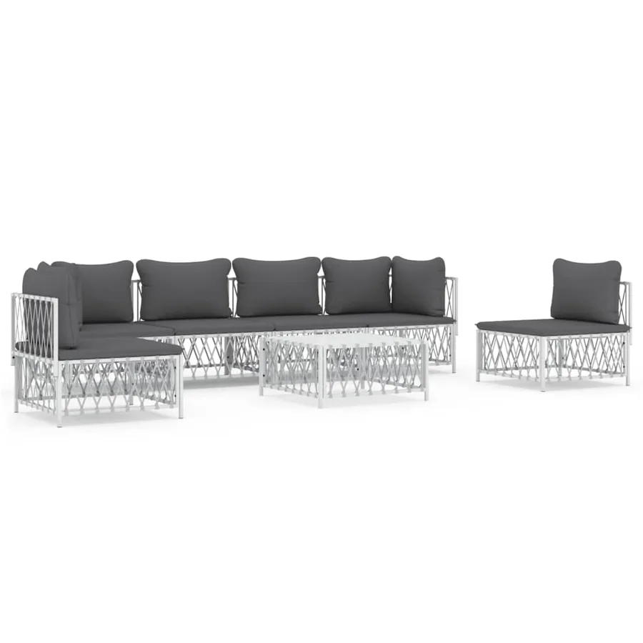 Salon de jardin 7 pcs avec coussins blanc acier - 2