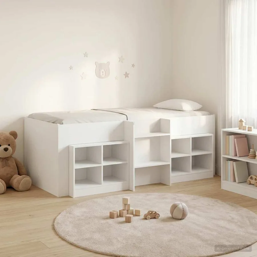Cadre de lit en loft avec armoire 3 pc Blanc Bois d'ingénierie