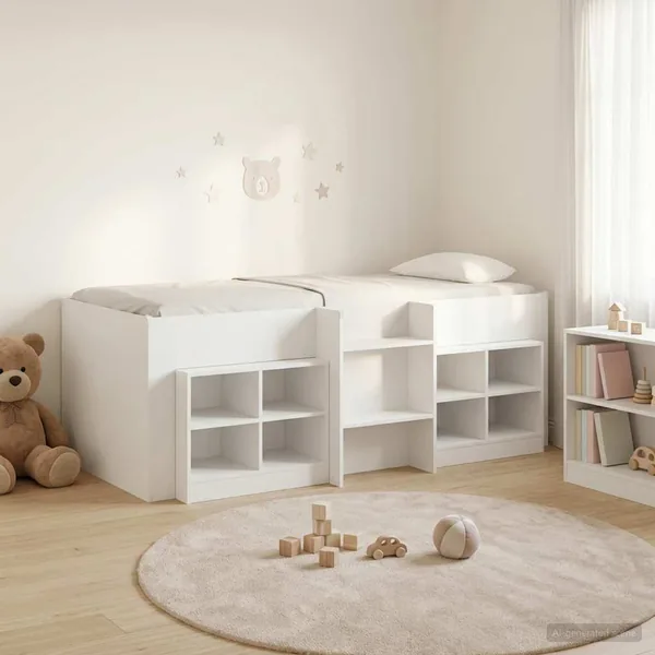 Cadre de lit en loft avec armoire 3 pc Blanc Bois d'ingénierie