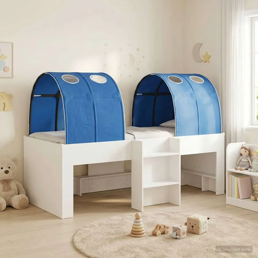 Lit avec Tunnel 3 pc Blanc et bleu Bois d'ingénierie