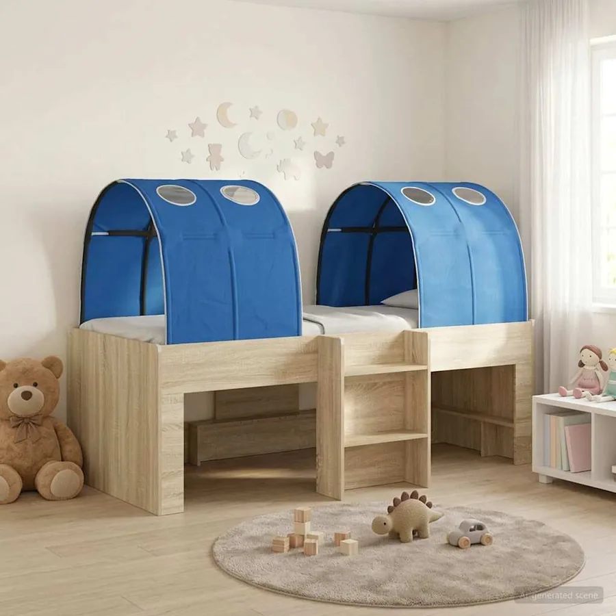 Lit avec Tunnel 3 pc Chêne Sonoma et bleu Bois d'ingénierie