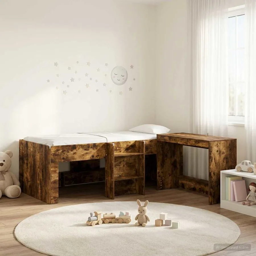 Lit haut pour enfants avec bureau 2 pc Chêne fumé