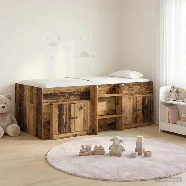 Cadre de lit en loft avec armoire avec porte 3 pc Bois ancien