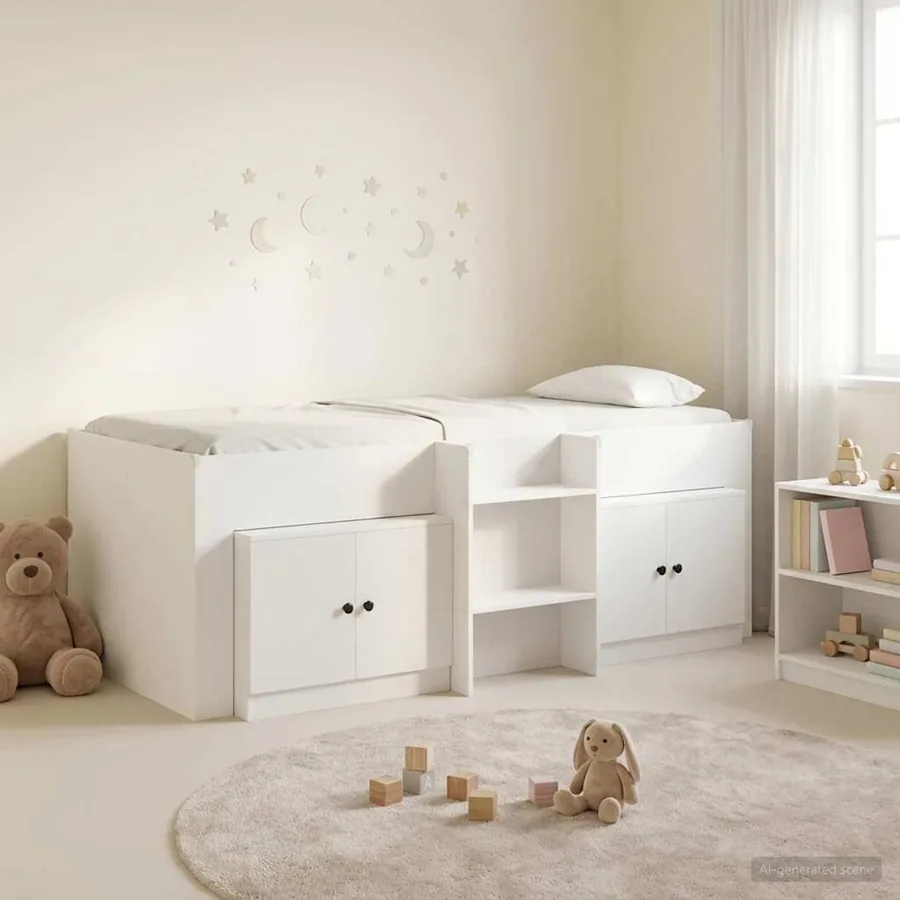 Cadre de lit en loft avec armoire 3 pc Blanc Bois d'ingénierie