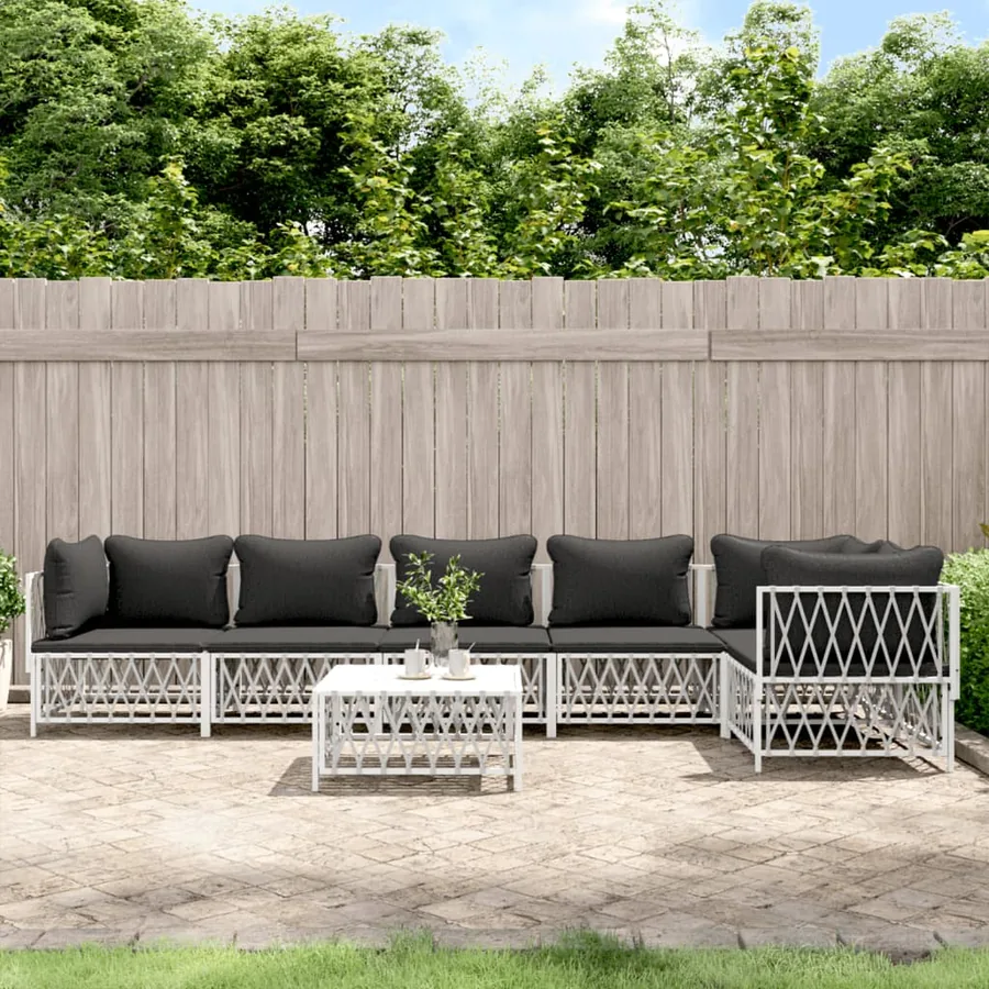 Salon de jardin 7 pcs avec coussins blanc acier