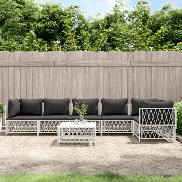 Salon de jardin 7 pcs avec coussins blanc acier