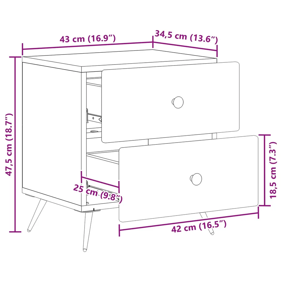 Cabinet de chevet avec tiroir 2 pcs Noir 43 x 34,5 x 47,5 cm - 12