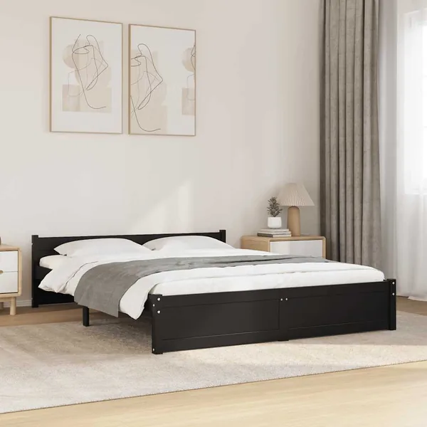 Cadre de lit sans matelas noir bois massif 140x190 cm