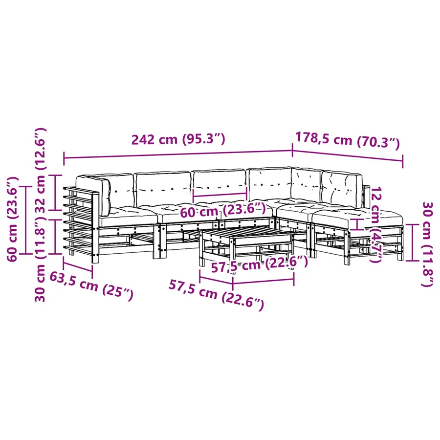 Ensemble de salon de jardin 7 pcs Brun cire Bois de pin massif - 9