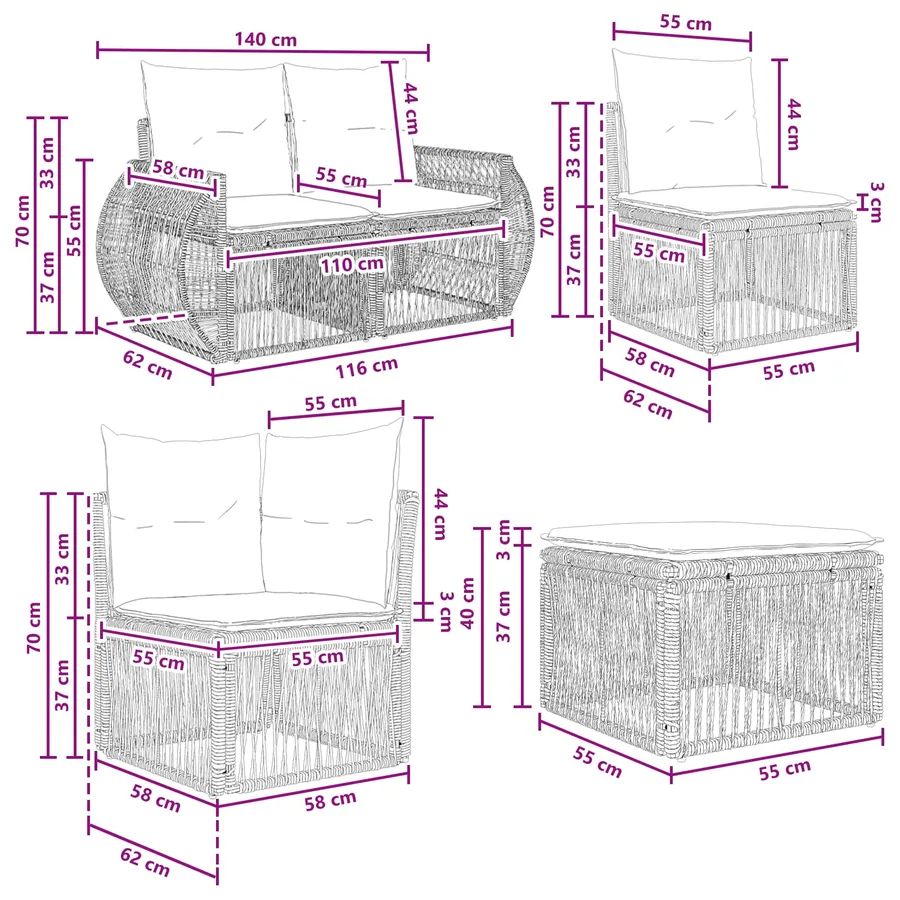 Ensemble de canapé de jardin 11 pcs Noir polyrotin - 7