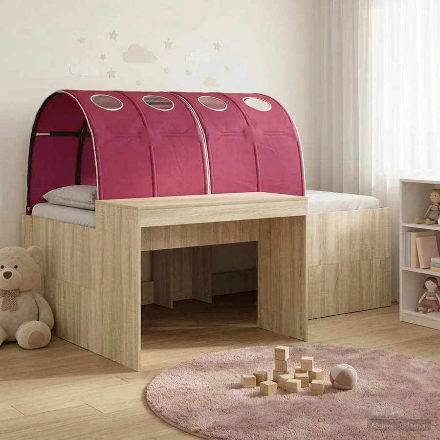 Lit avec Tunnel 3 pc Chêne Sonoma et rouge Bois d'ingénierie