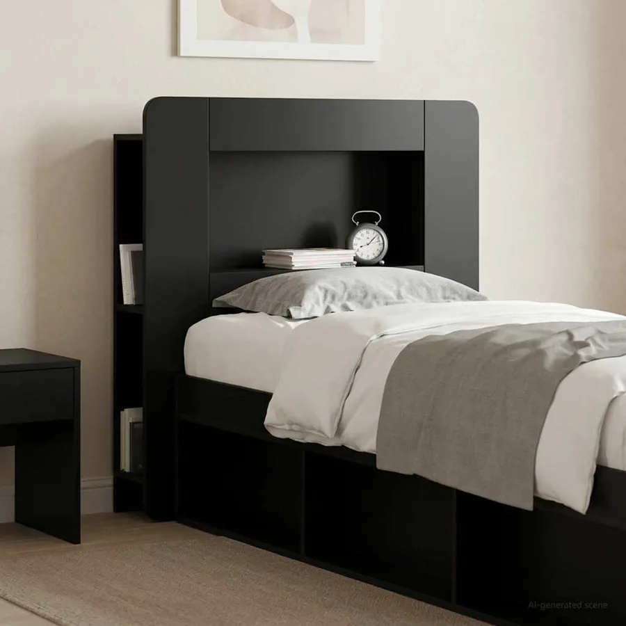 Cabinet de Tête de Lit avec stockage Noir Bois d’ingénierie - 4