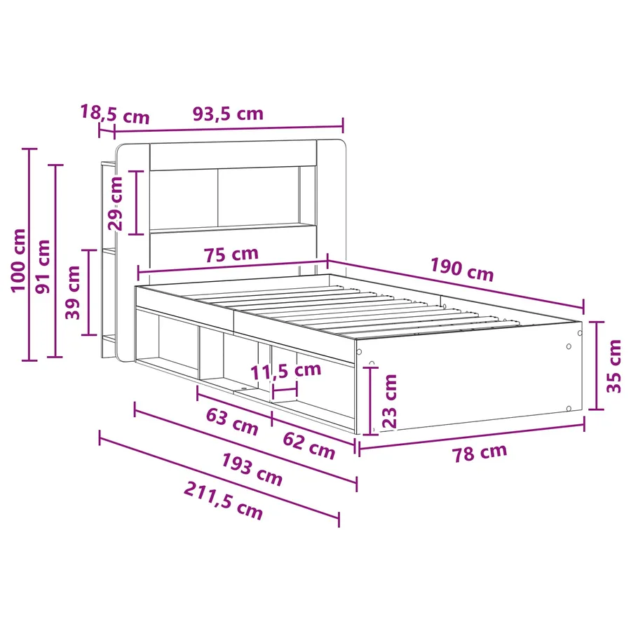 Cadre de lit avec rangement Chêne Sonoma 75 x 190 cm - 9