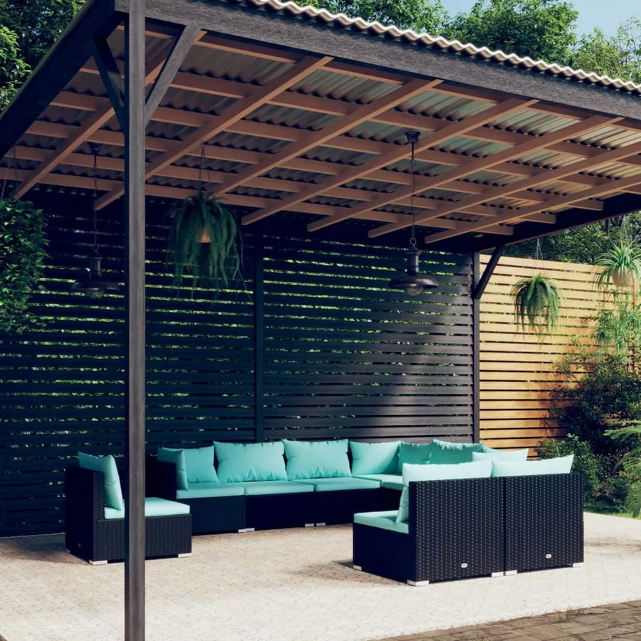Salon de jardin 9 pcs avec coussins Résine tressée Noir