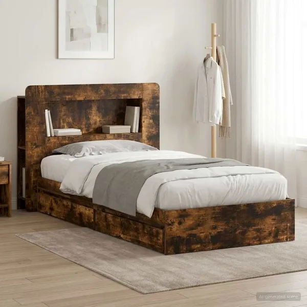 Cadre de lit avec rangement avec tiroir Chêne fumé 75 x 190 cm