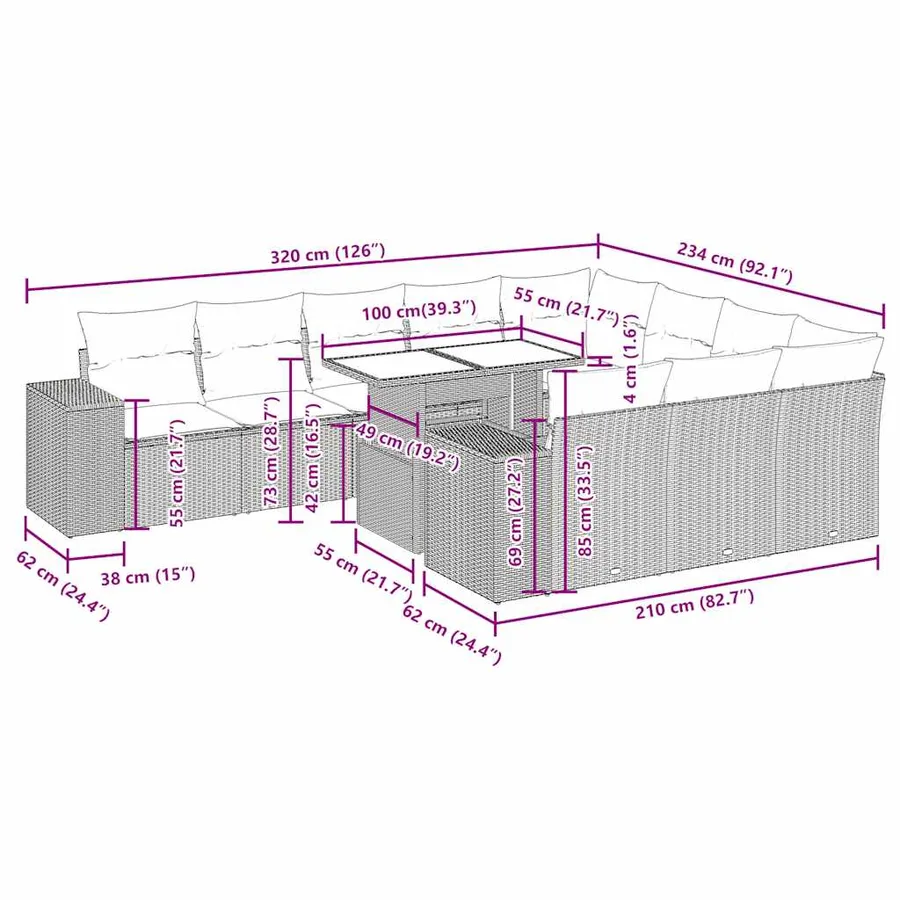 Ensemble de canapés de jardin 11 pcs et coussins rotin acacia - 14