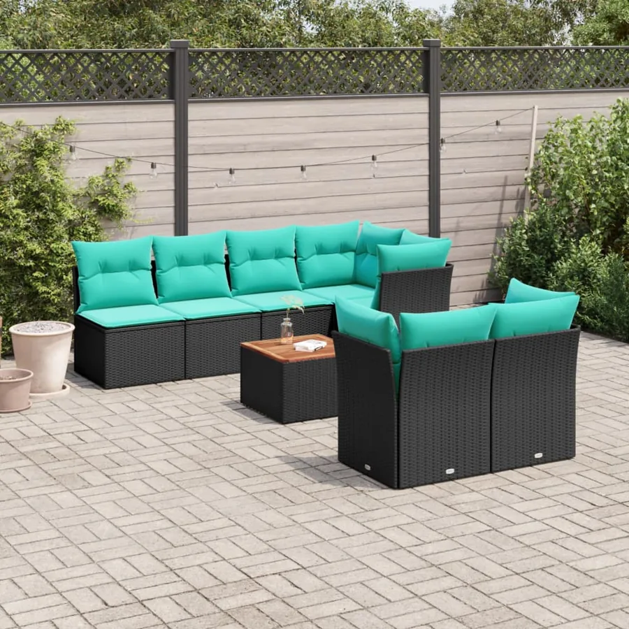 Salon de jardin 8 pcs avec coussins noir résine tressée