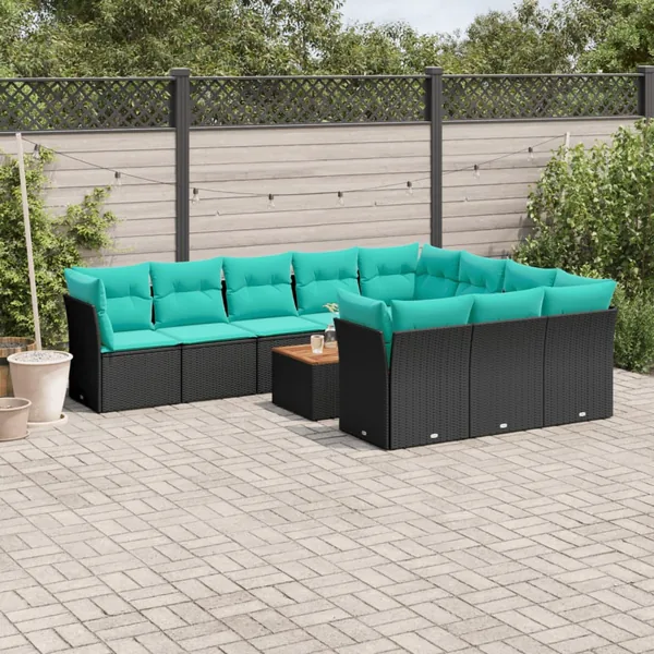 Salon de jardin 11 pcs avec coussins noir résine tressée
