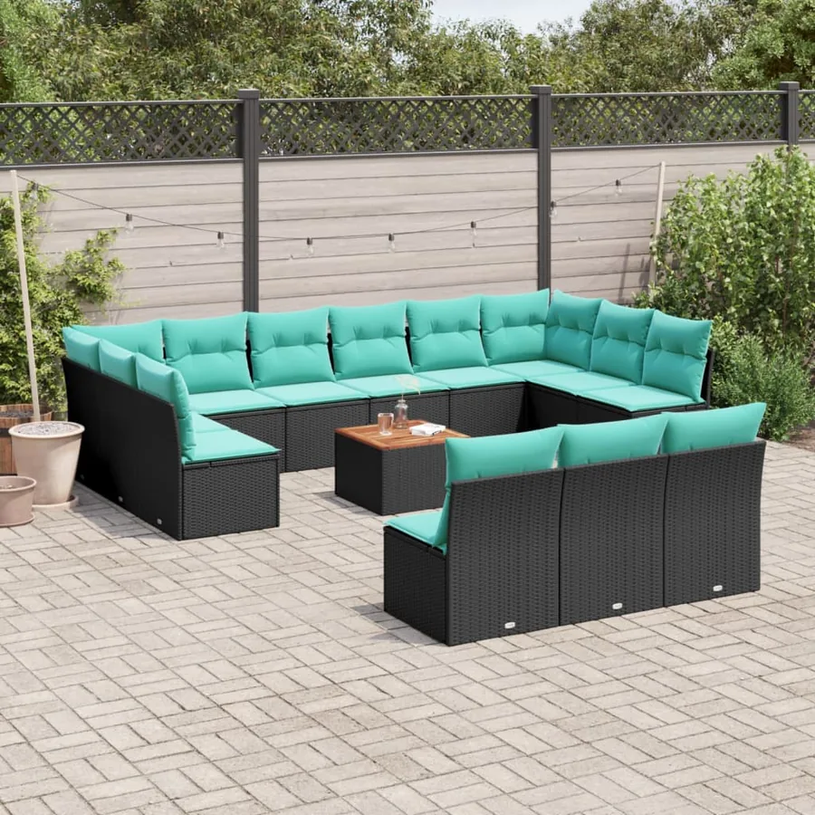 Salon de jardin avec coussins 14 pcs noir résine tressée