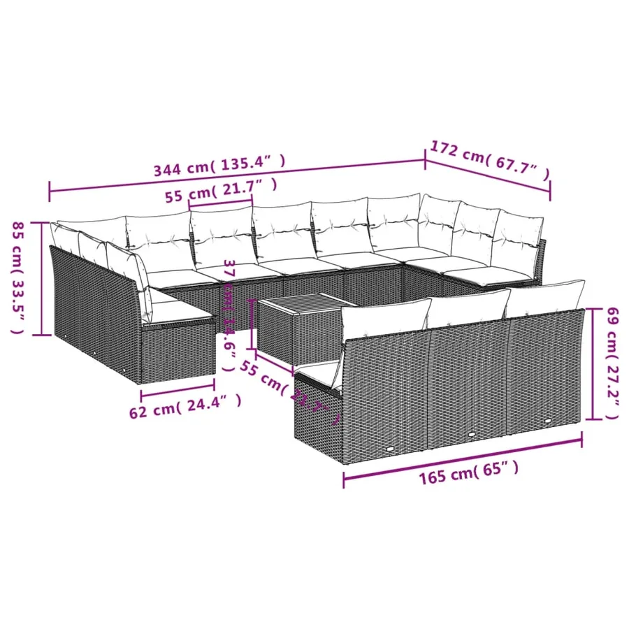 Salon de jardin avec coussins 14 pcs noir résine tressée - 10