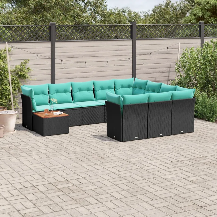 Salon de jardin 11 pcs avec coussins noir résine tressée