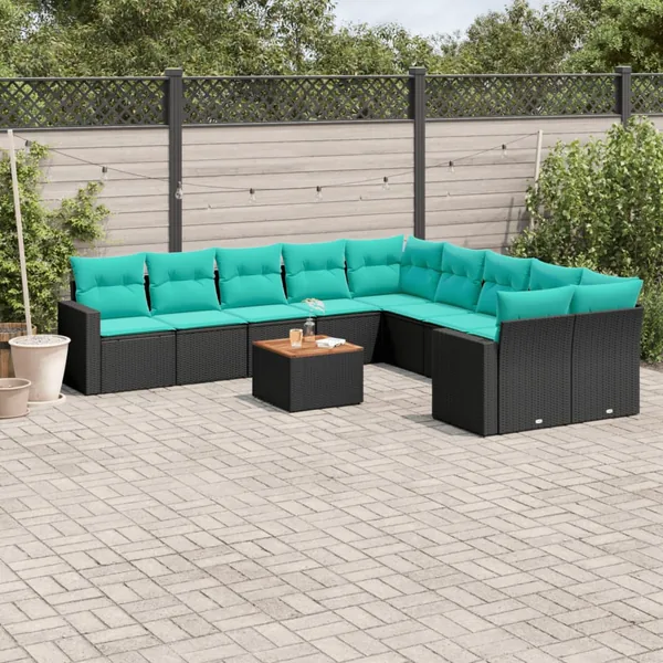 Salon de jardin 11 pcs avec coussins noir résine tressée