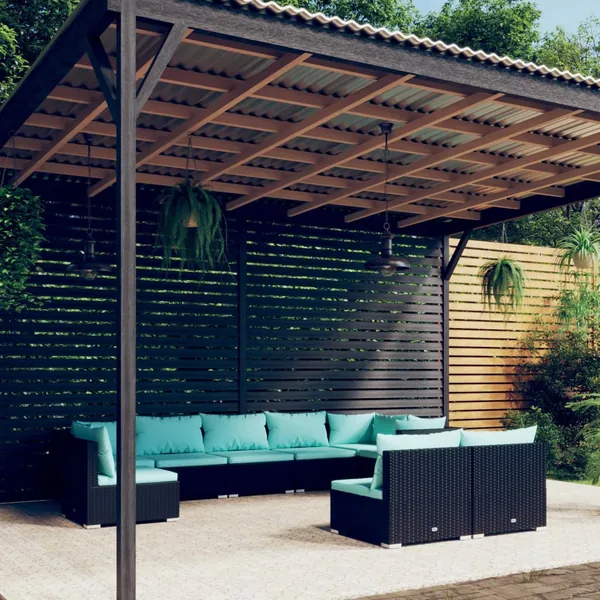 Salon de jardin 9 pcs avec coussins Résine tressée Noir