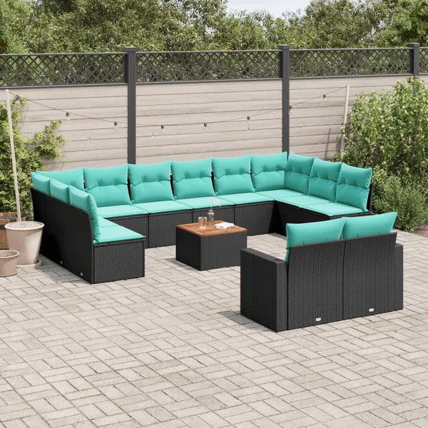 Salon de jardin avec coussins 13 pcs noir résine tressée