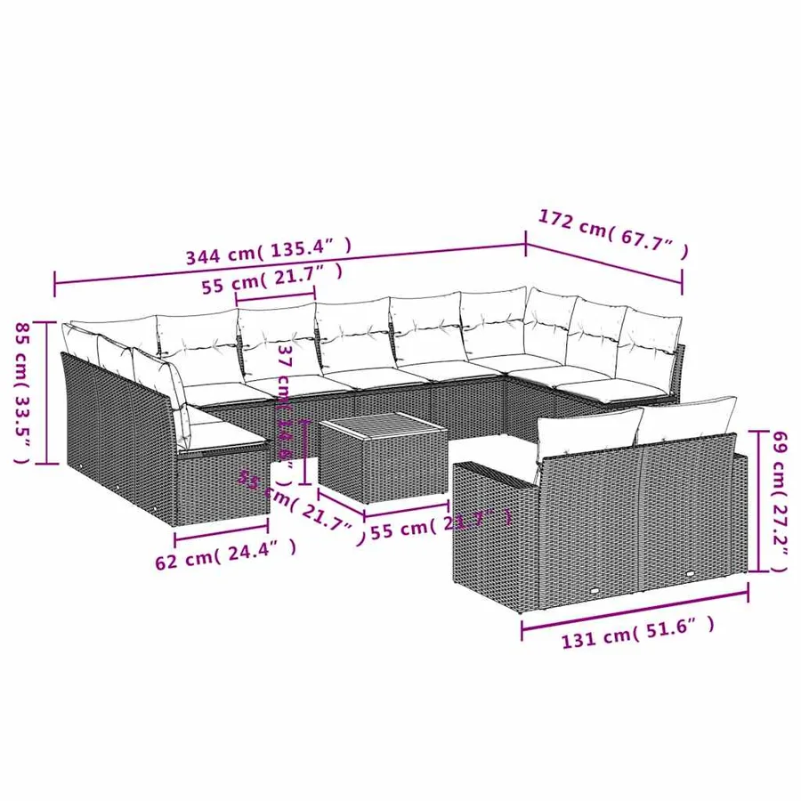 Salon de jardin avec coussins 13 pcs noir résine tressée - 12