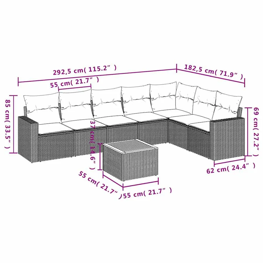 Salon de jardin 8 pcs avec coussins noir résine tressée - 12