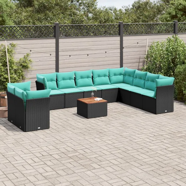 Salon de jardin 11 pcs avec coussins noir résine tressée