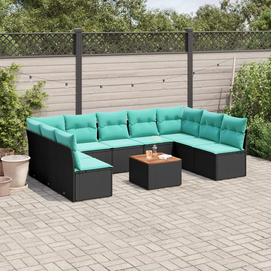 Salon de jardin 10 pcs avec coussins noir résine tressée