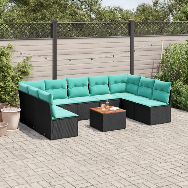 Salon de jardin 10 pcs avec coussins noir résine tressée