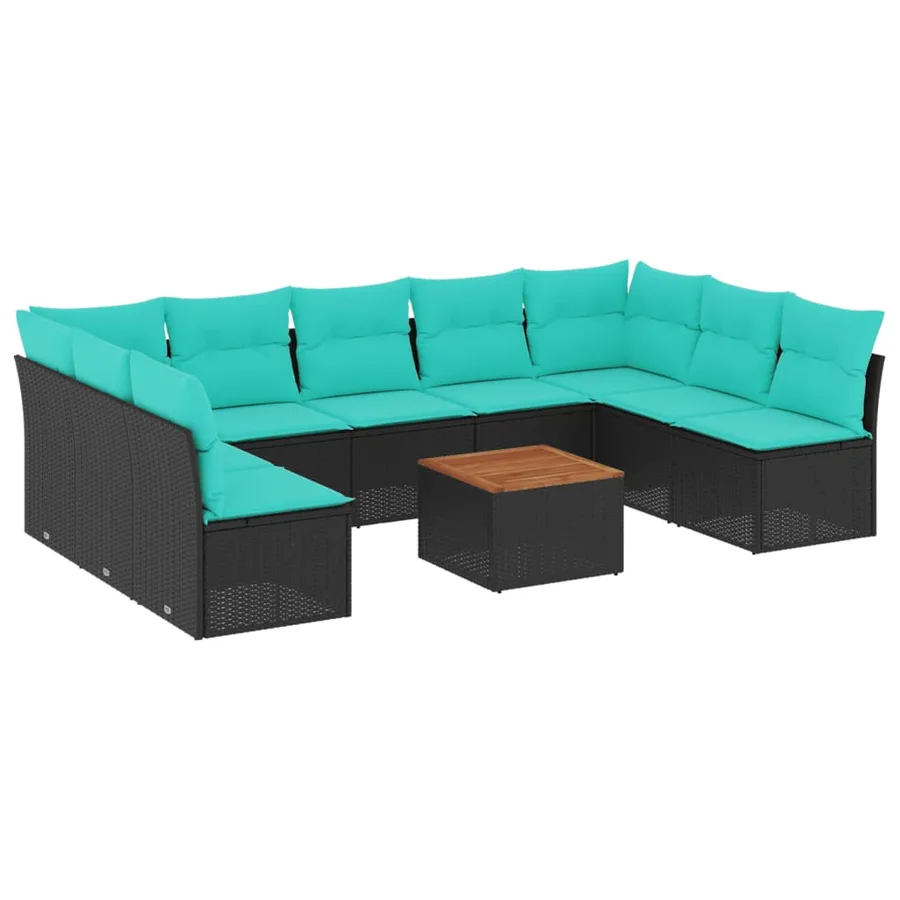 Salon de jardin 10 pcs avec coussins noir résine tressée - 2