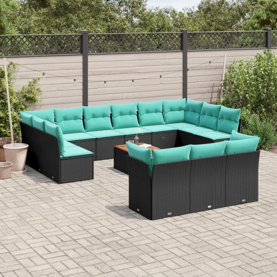 Salon de jardin avec coussins 14 pcs noir résine tressée