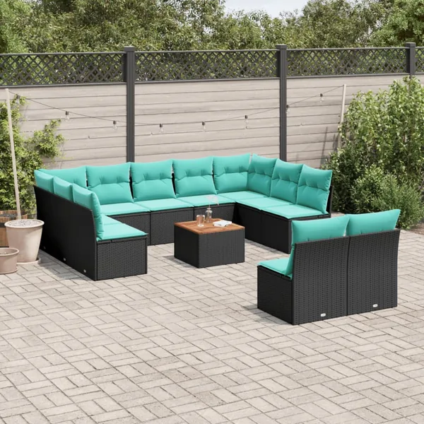 Salon de jardin avec coussins 12 pcs noir résine tressée