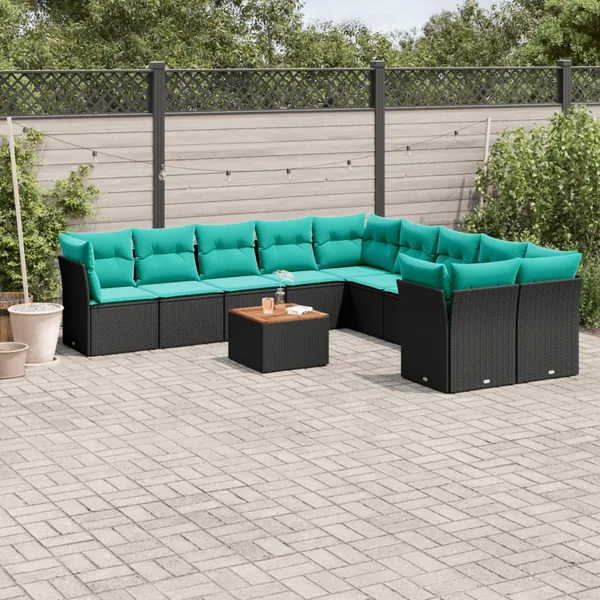 Salon de jardin 11 pcs avec coussins noir résine tressée
