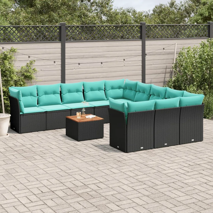 Salon de jardin avec coussins 12 pcs noir résine tressée