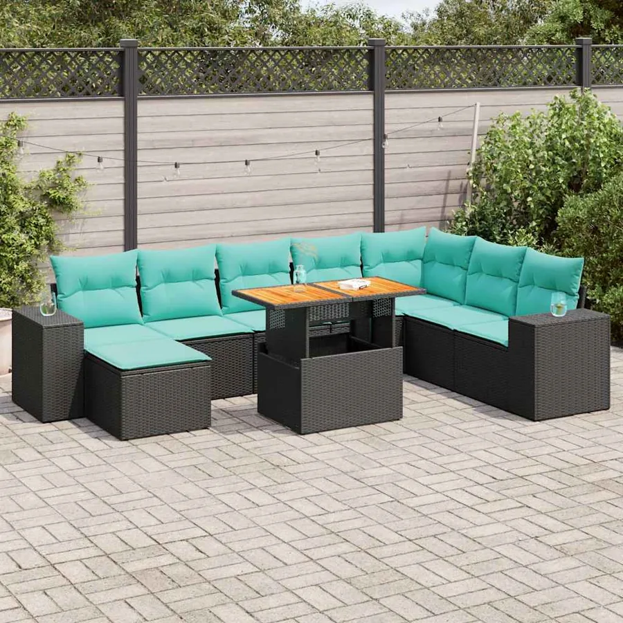 Salon de jardin 9 pcs avec coussins noir résine tressée