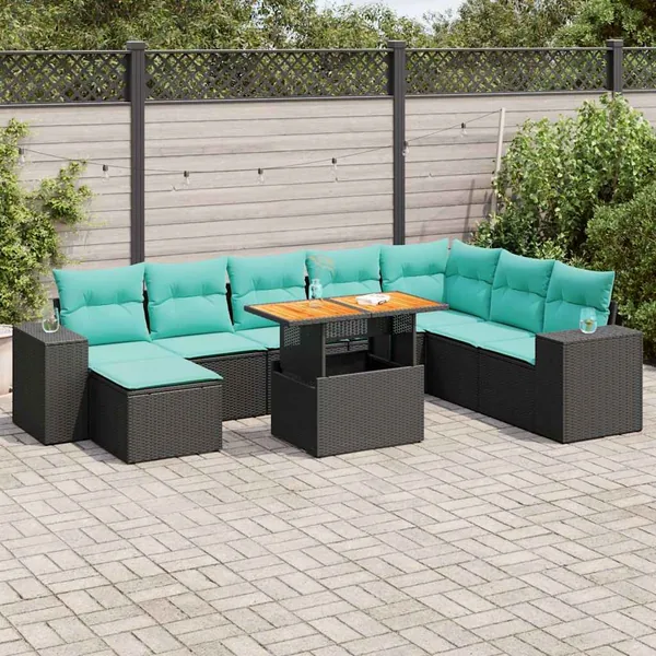 Salon de jardin 9 pcs avec coussins noir résine tressée