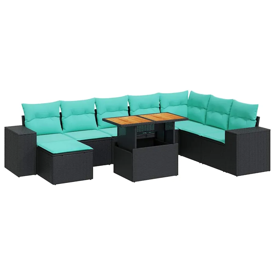 Salon de jardin 9 pcs avec coussins noir résine tressée - 2